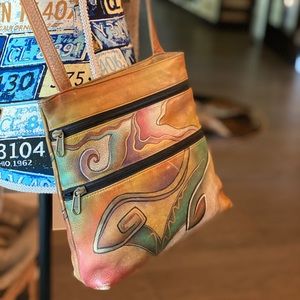 VTG ANUSCHKA Painted AbstrktArt Leather Crossbody